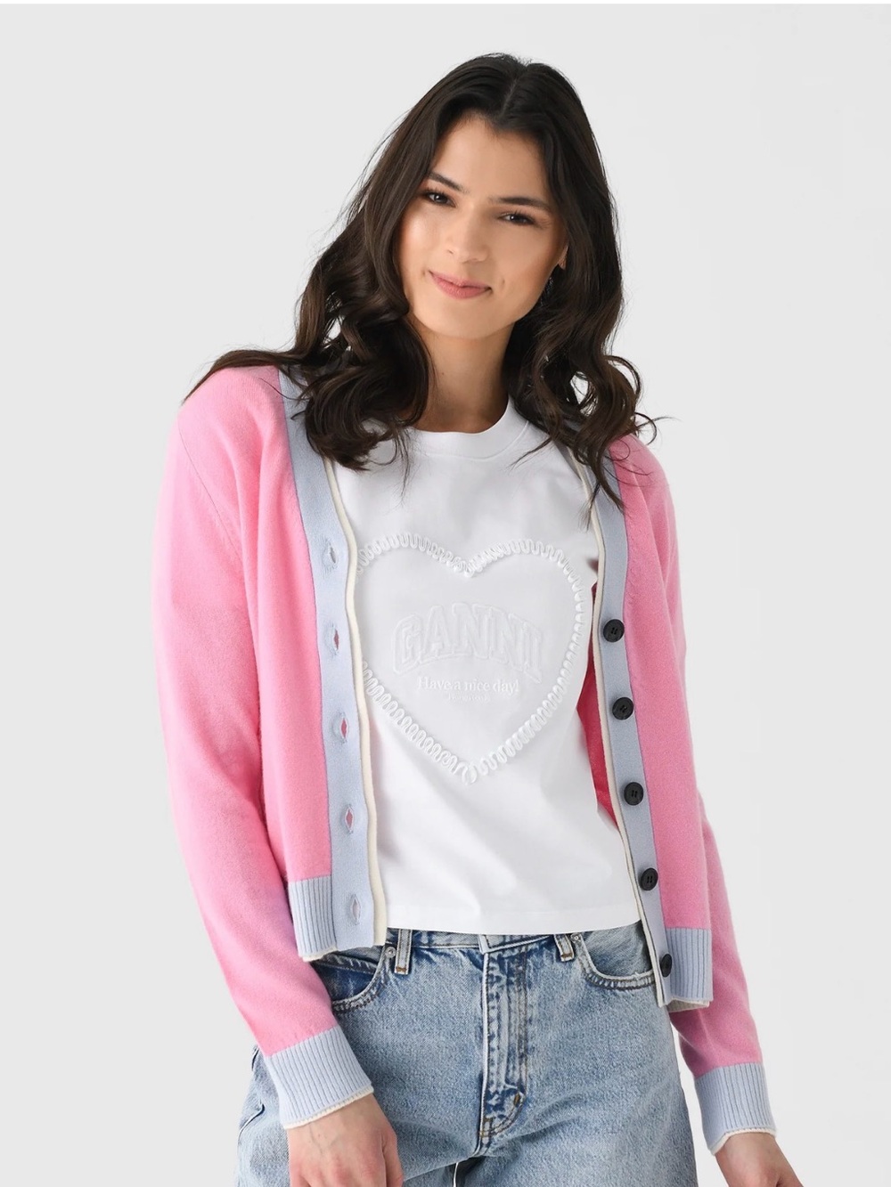 Jumper 1234 Pink Contrast-Trim V-Neck Cardigan with Arrow Heart